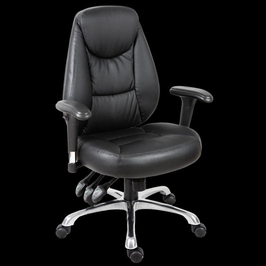 Black office chair with adjustable armrests on a black background