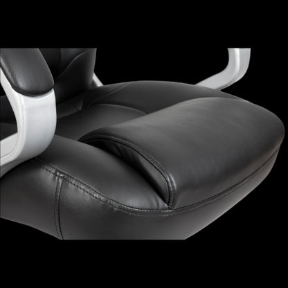 Black office chair seat with white armrests on a black background
