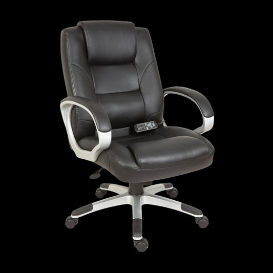 Black office chair with silver accents on a black background
