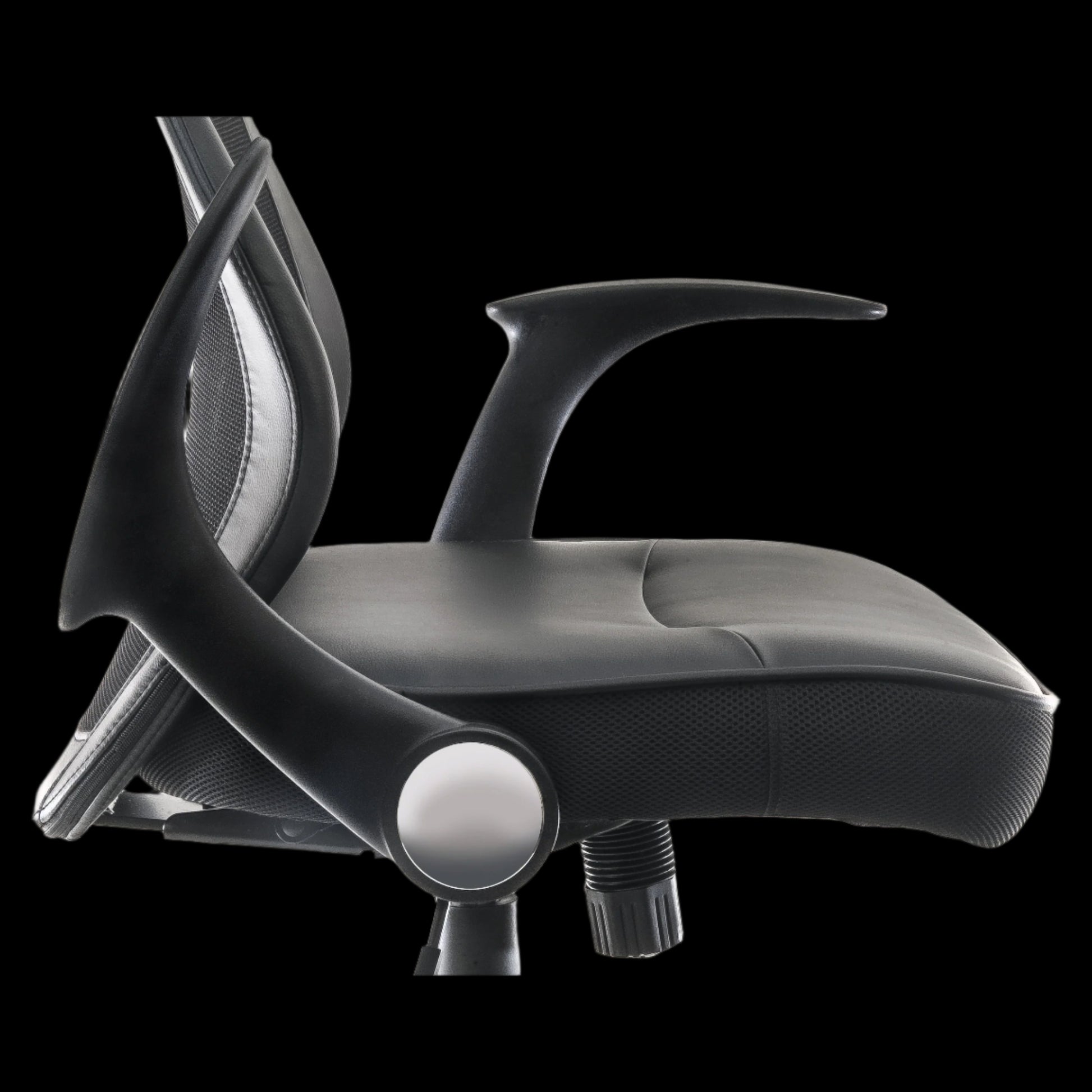 black office chair with mesh backrest on a black background