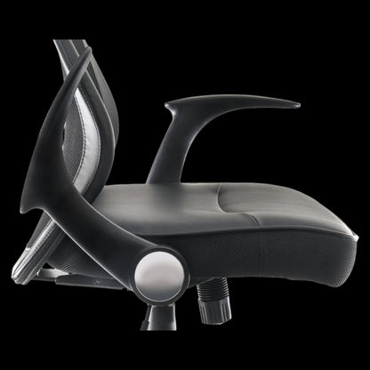 black office chair with mesh backrest on a black background