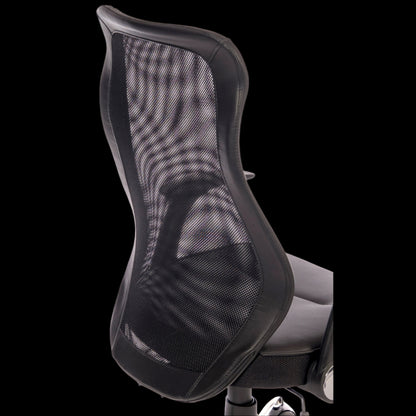 black office chair with mesh backrest on a black background
