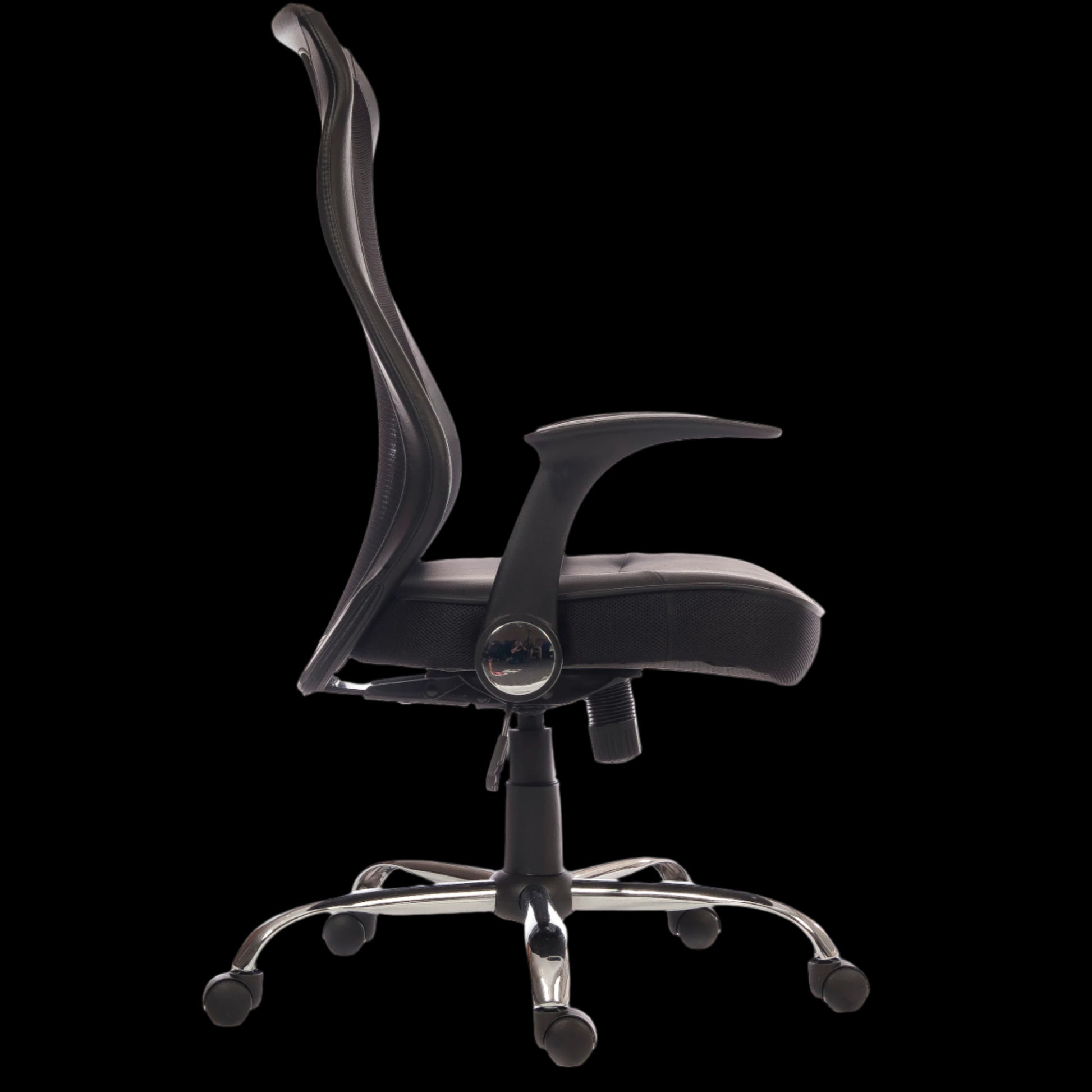Black office chair with chrome base on a black background