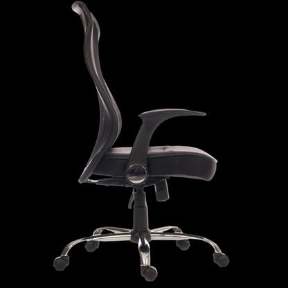 Black office chair with chrome base on a black background