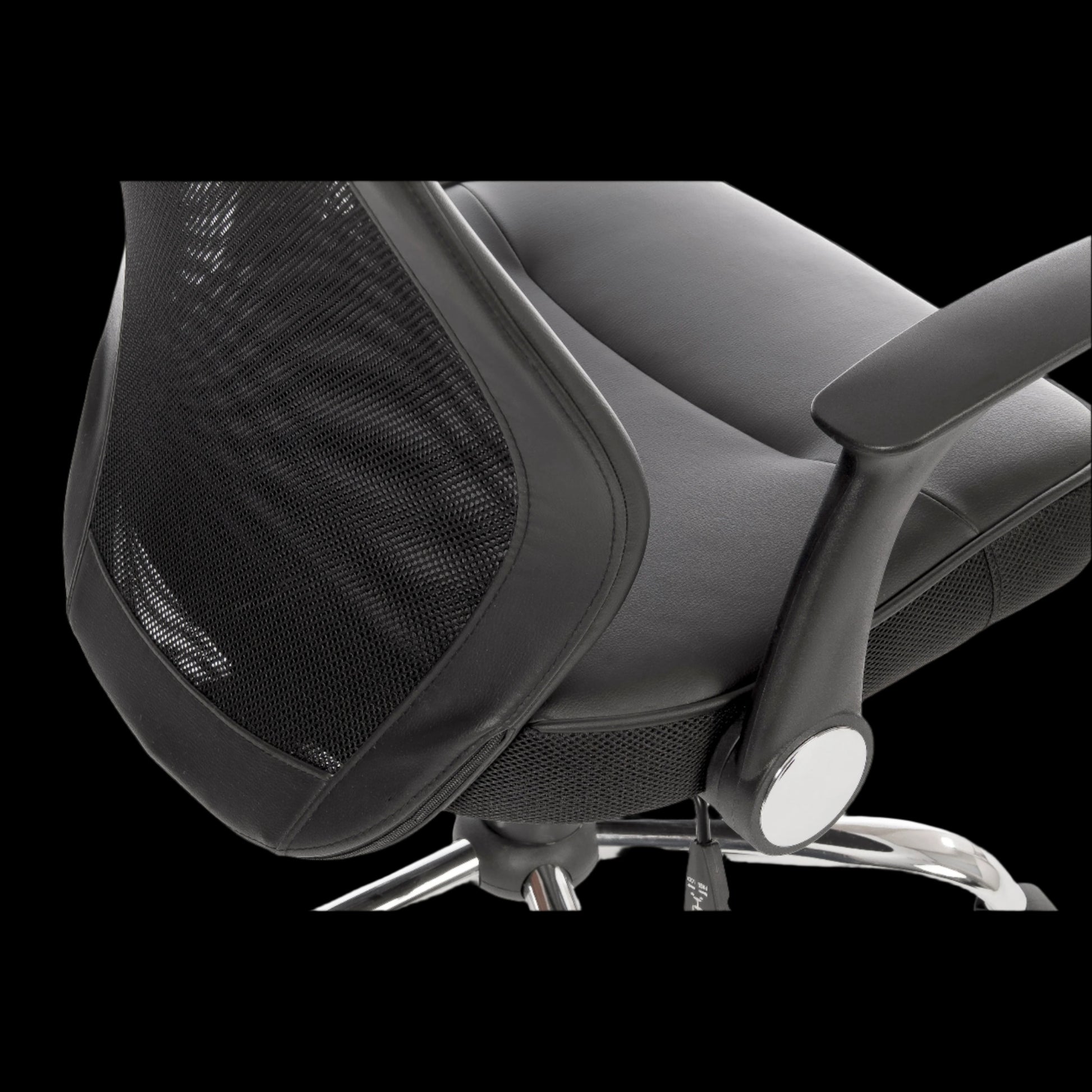 black office chair with mesh backrest on a black background