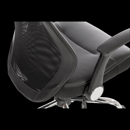 black office chair with mesh backrest on a black background