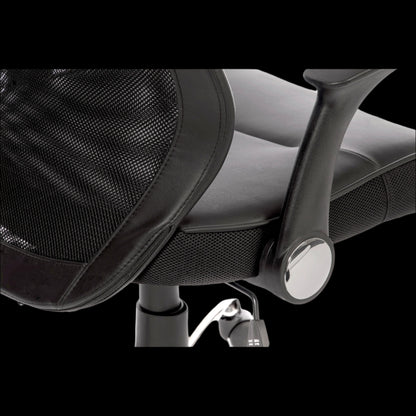 Close-up of a black office chair with mesh backrest and armrests on a black background