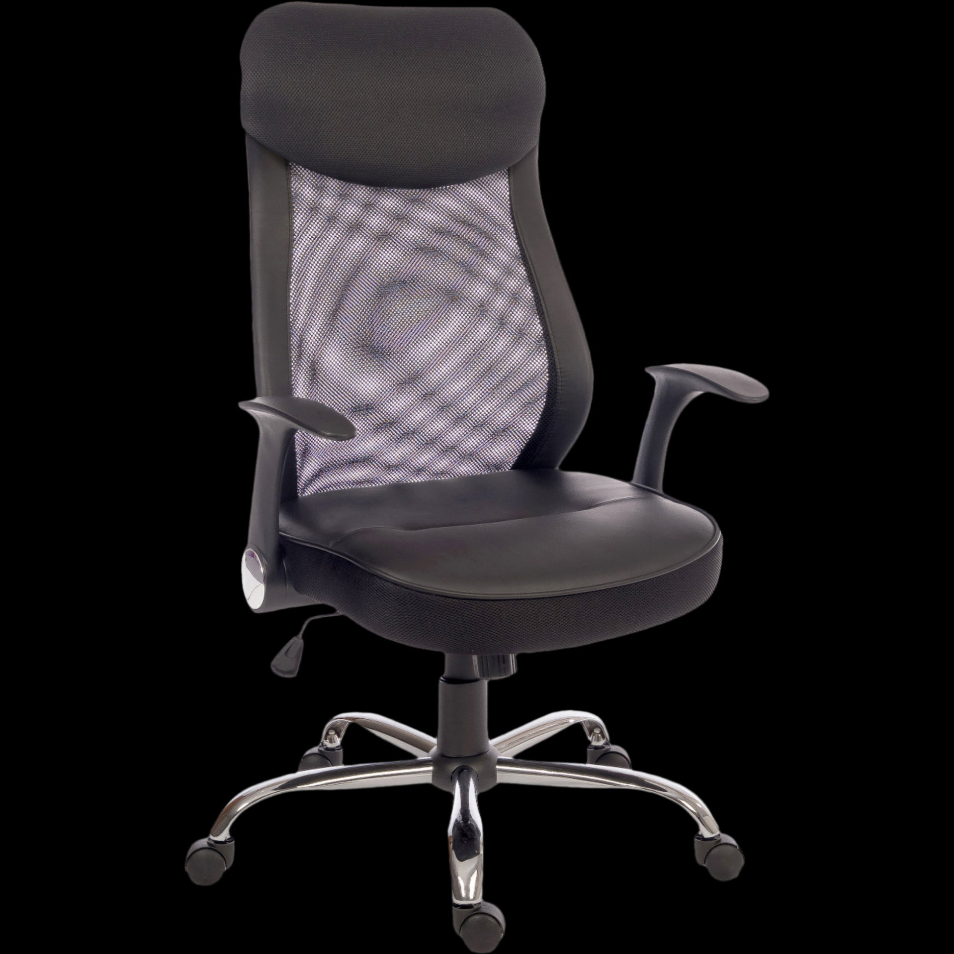 Black office chair with mesh backrest on a black background