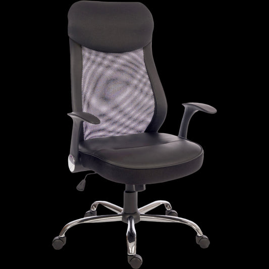 Black office chair with mesh backrest on a black background