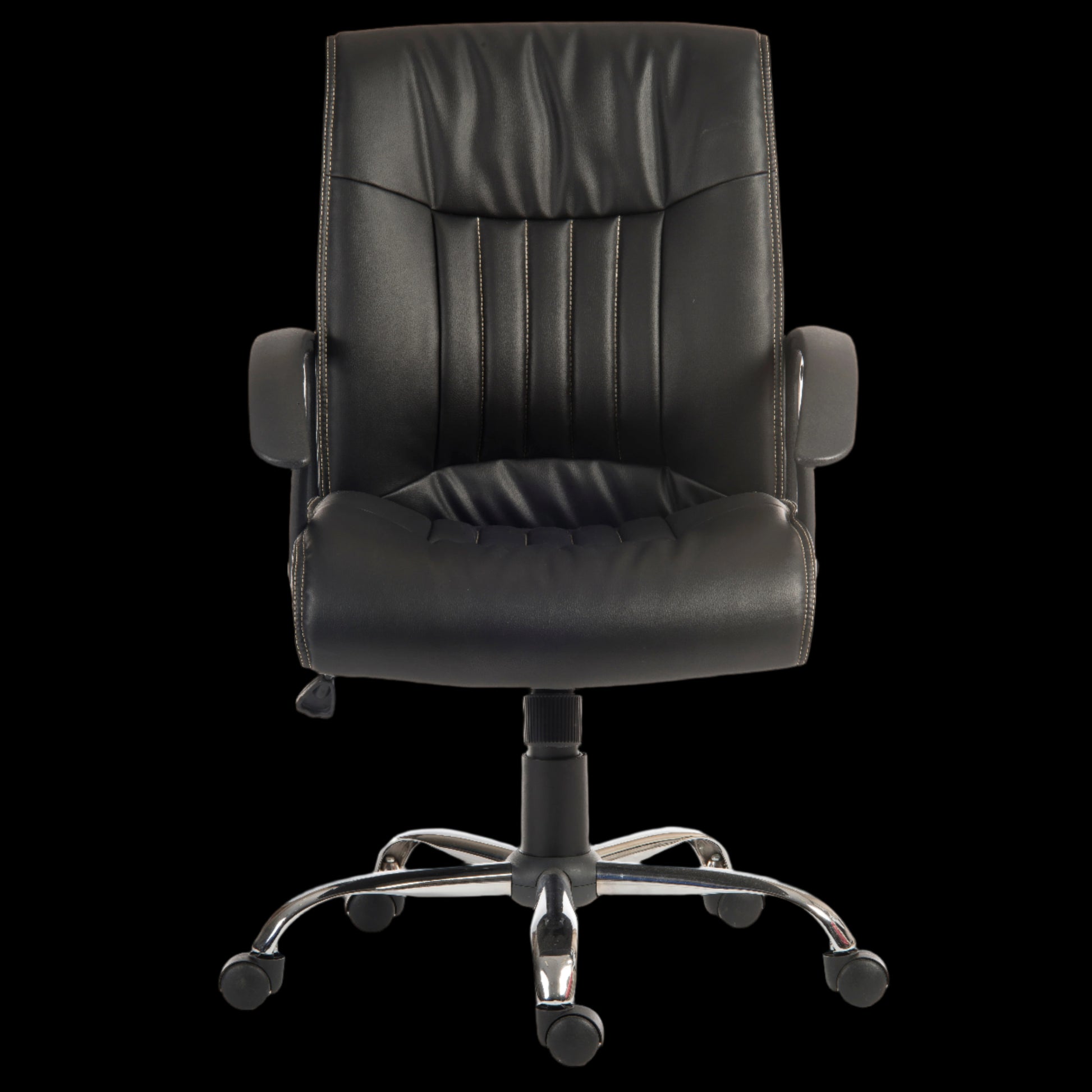 Black office chair with chrome base on a black background
