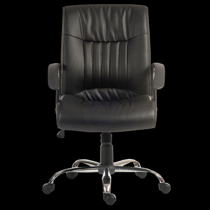 Black office chair with chrome base on a black background