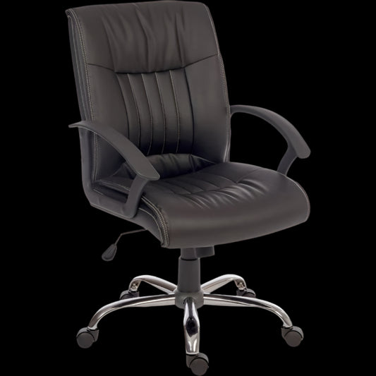 Black office chair with chrome base on a black background