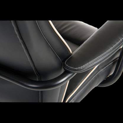 Close-up of a black leather car seat with stitching detail