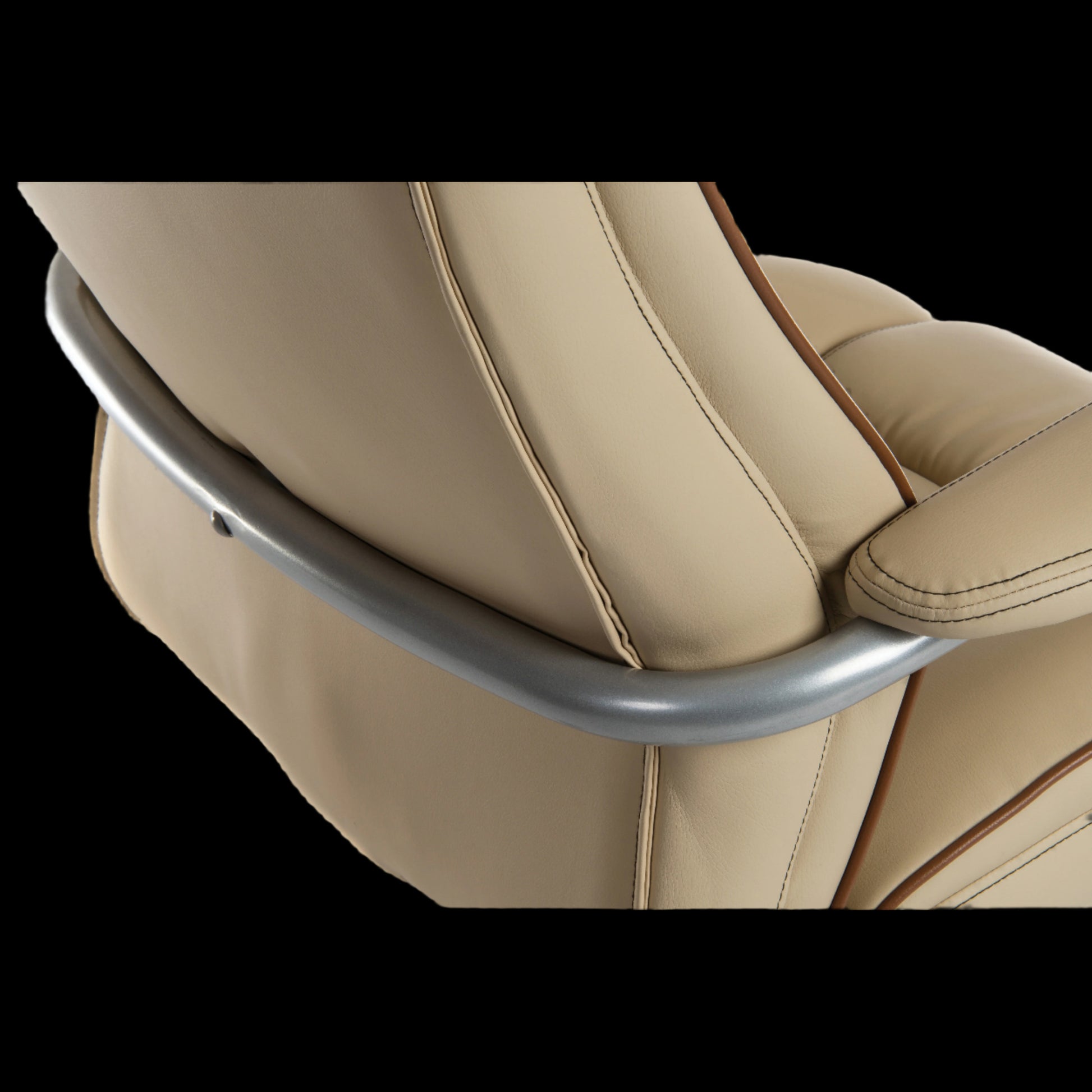 Beige leather chair with a metal armrest on a black background