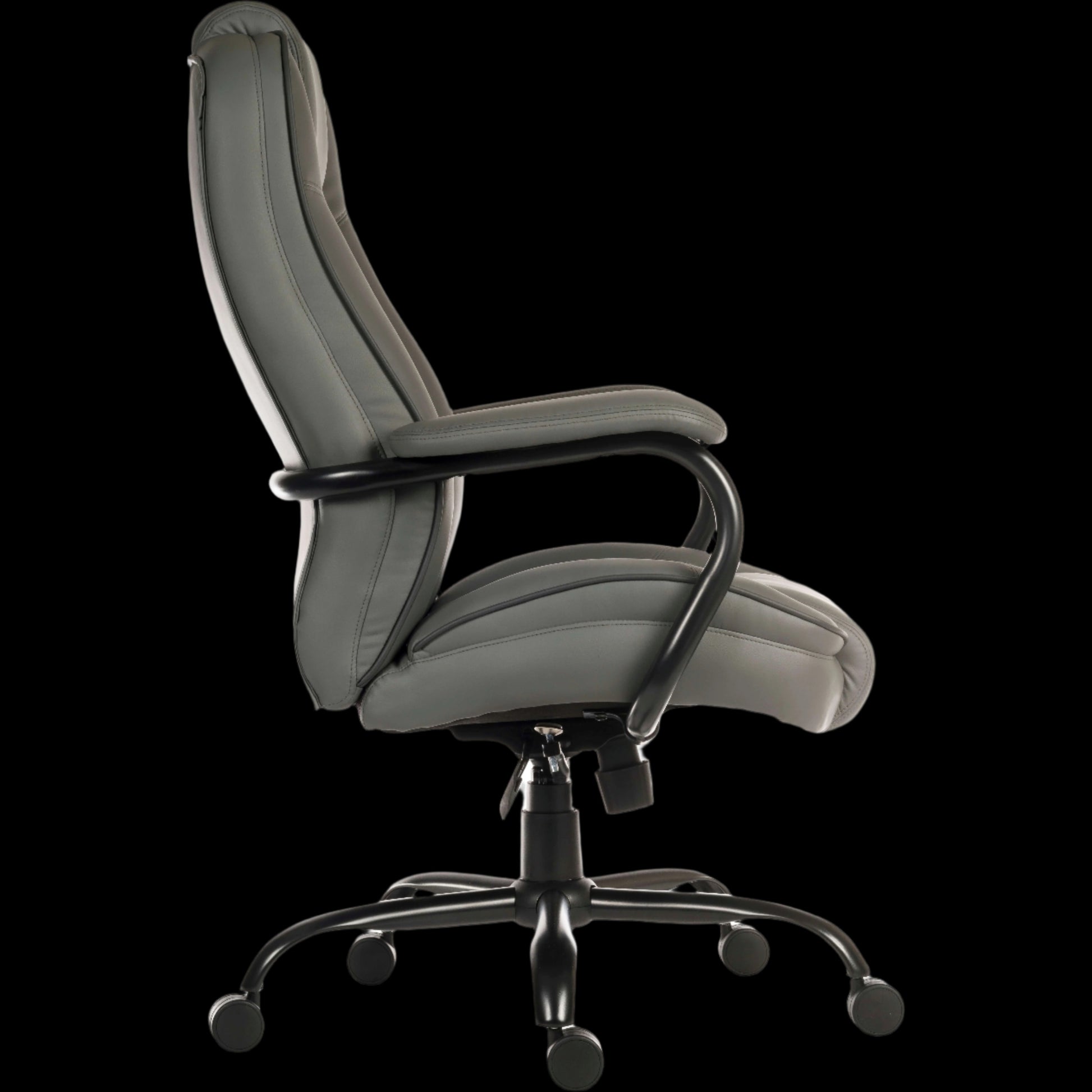 Grey office chair with black wheels on a black background