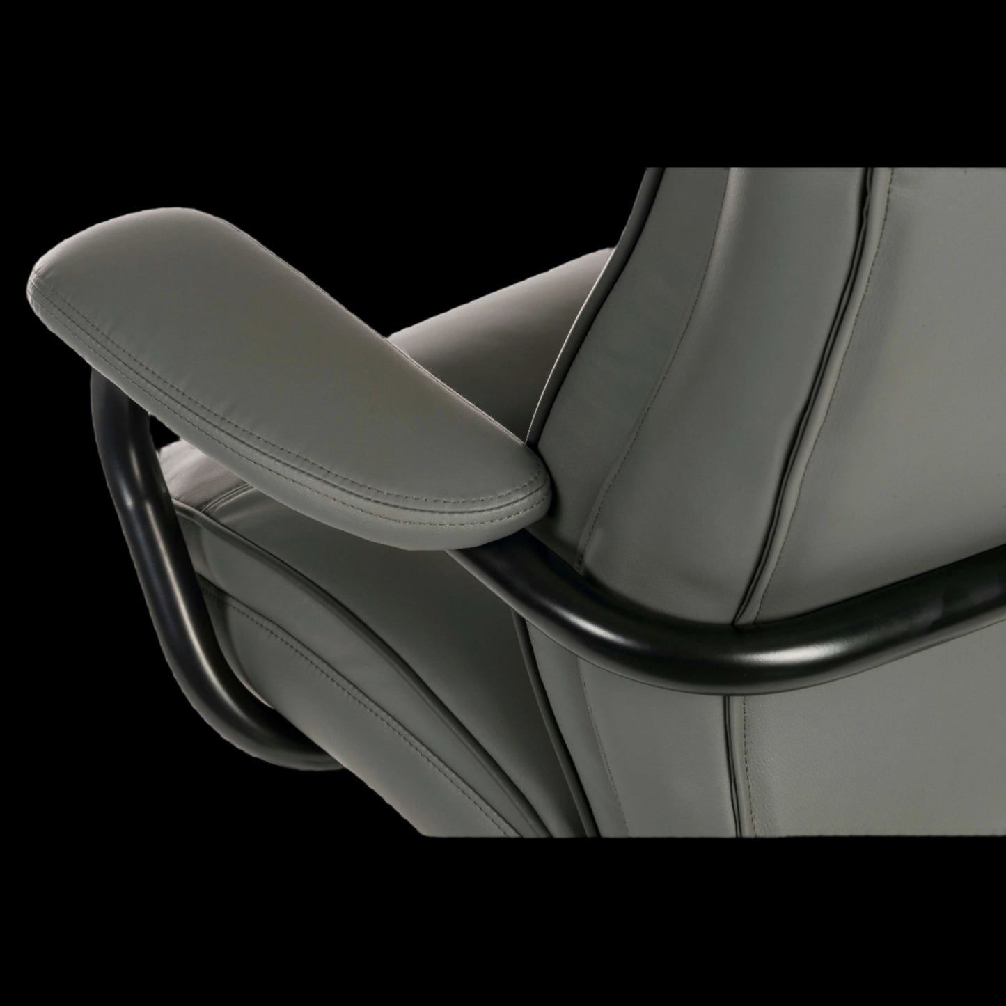 Gray office chair with armrest on a black background
