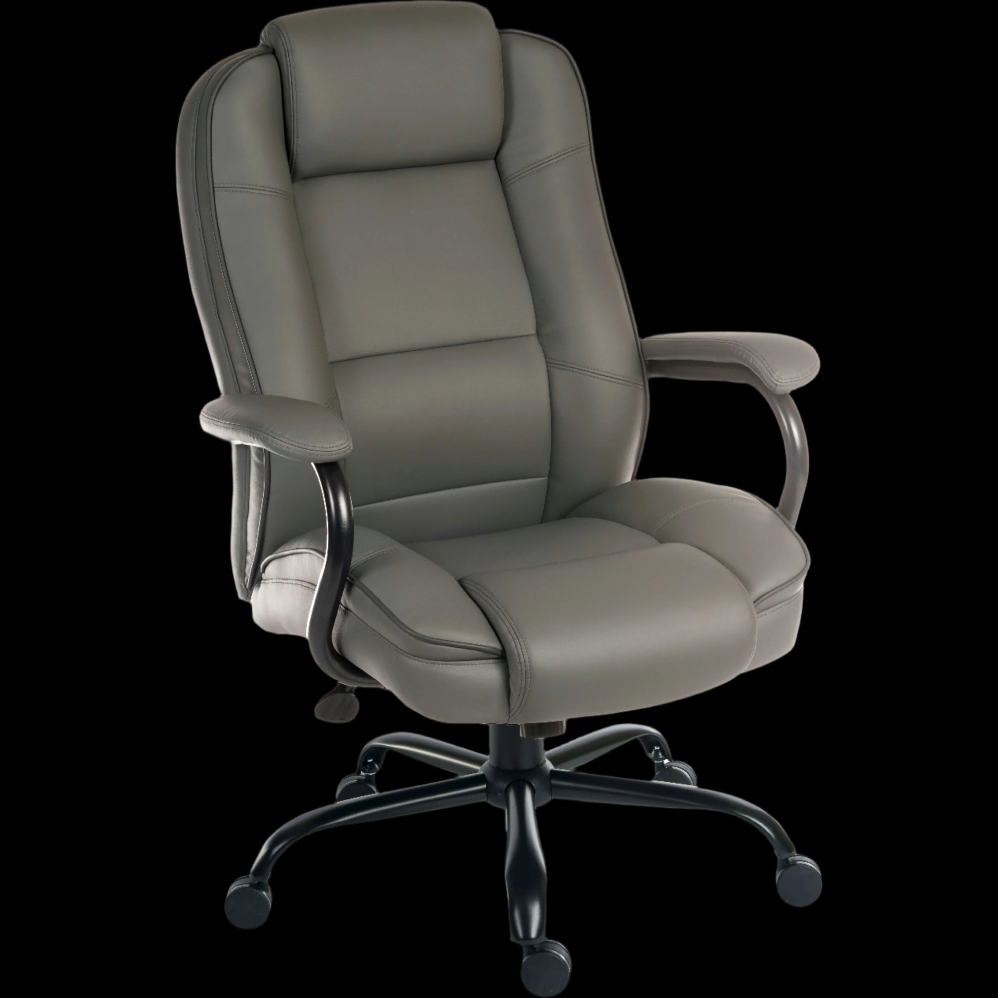 Gray office chair with a black base on a black background