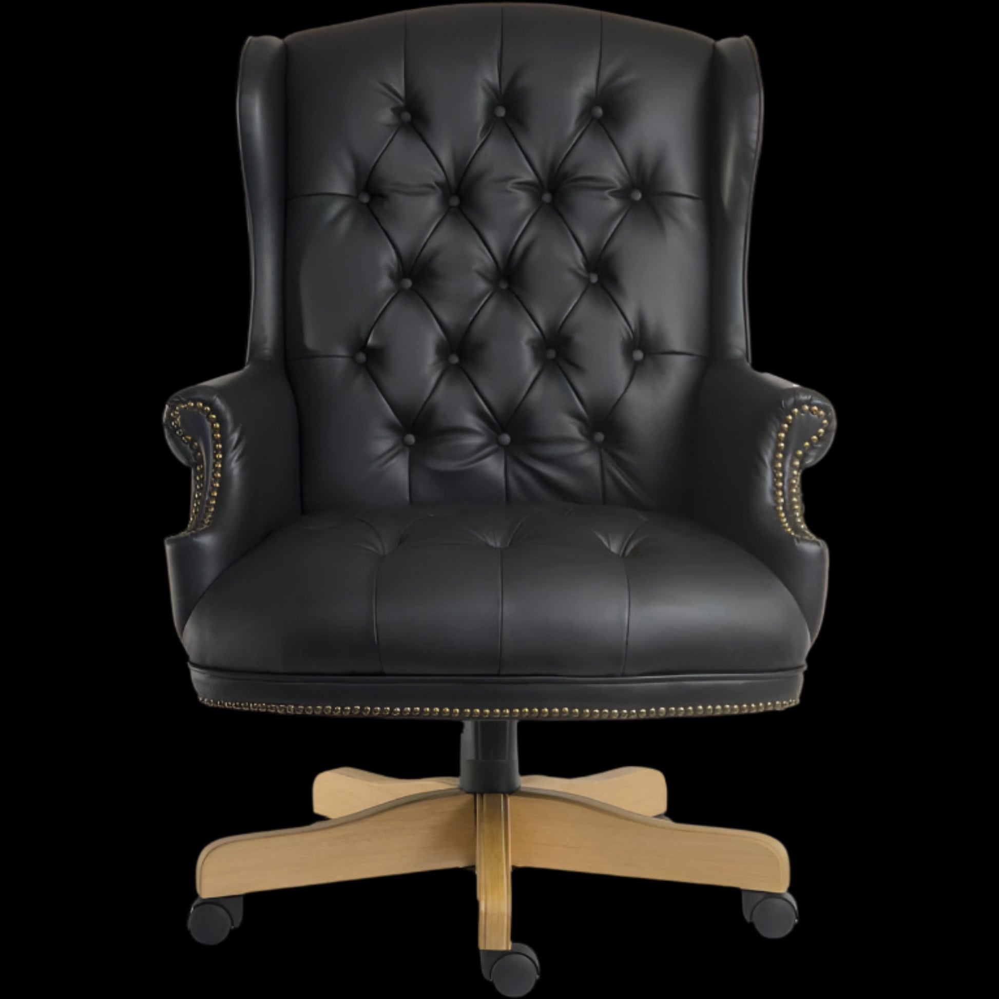Black leather office chair with wooden base on a black background