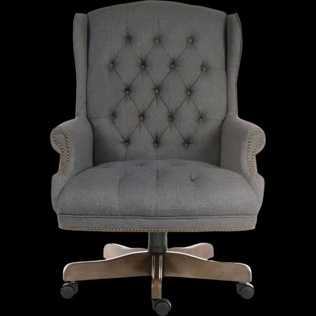 Gray tufted office chair with a black background
