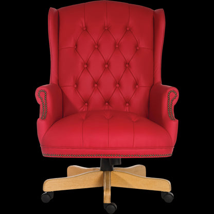 Red tufted office chair with wooden base on a black background