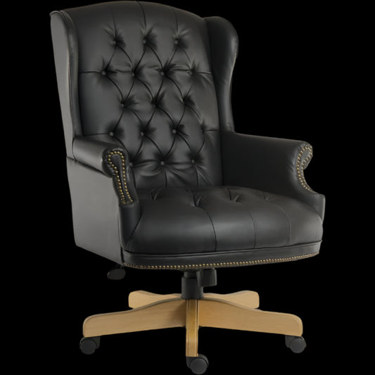 Black leather office chair with wooden base on a black background
