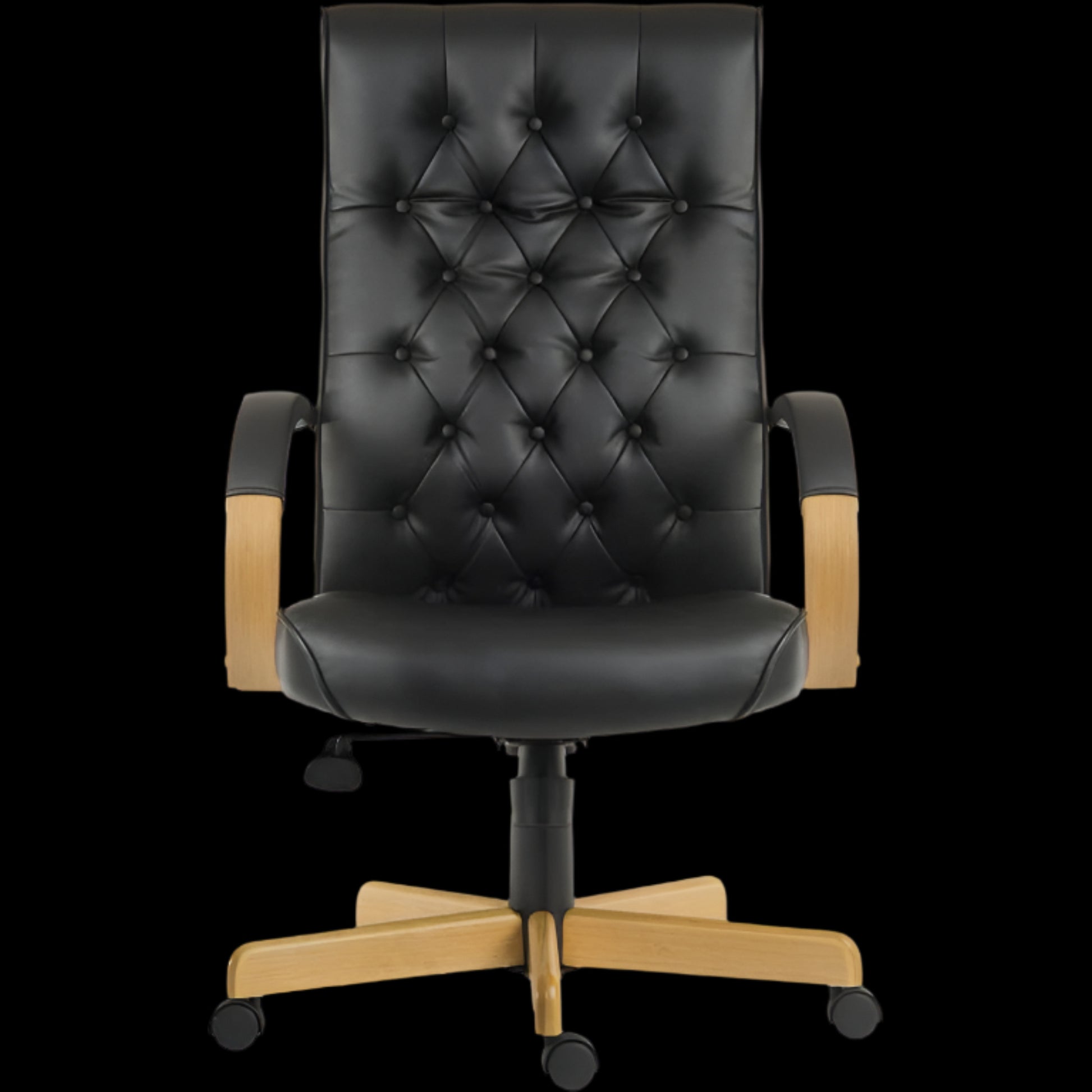 Black office chair with wooden armrests and base on a black background