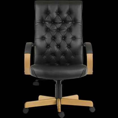Black office chair with wooden armrests and base on a black background