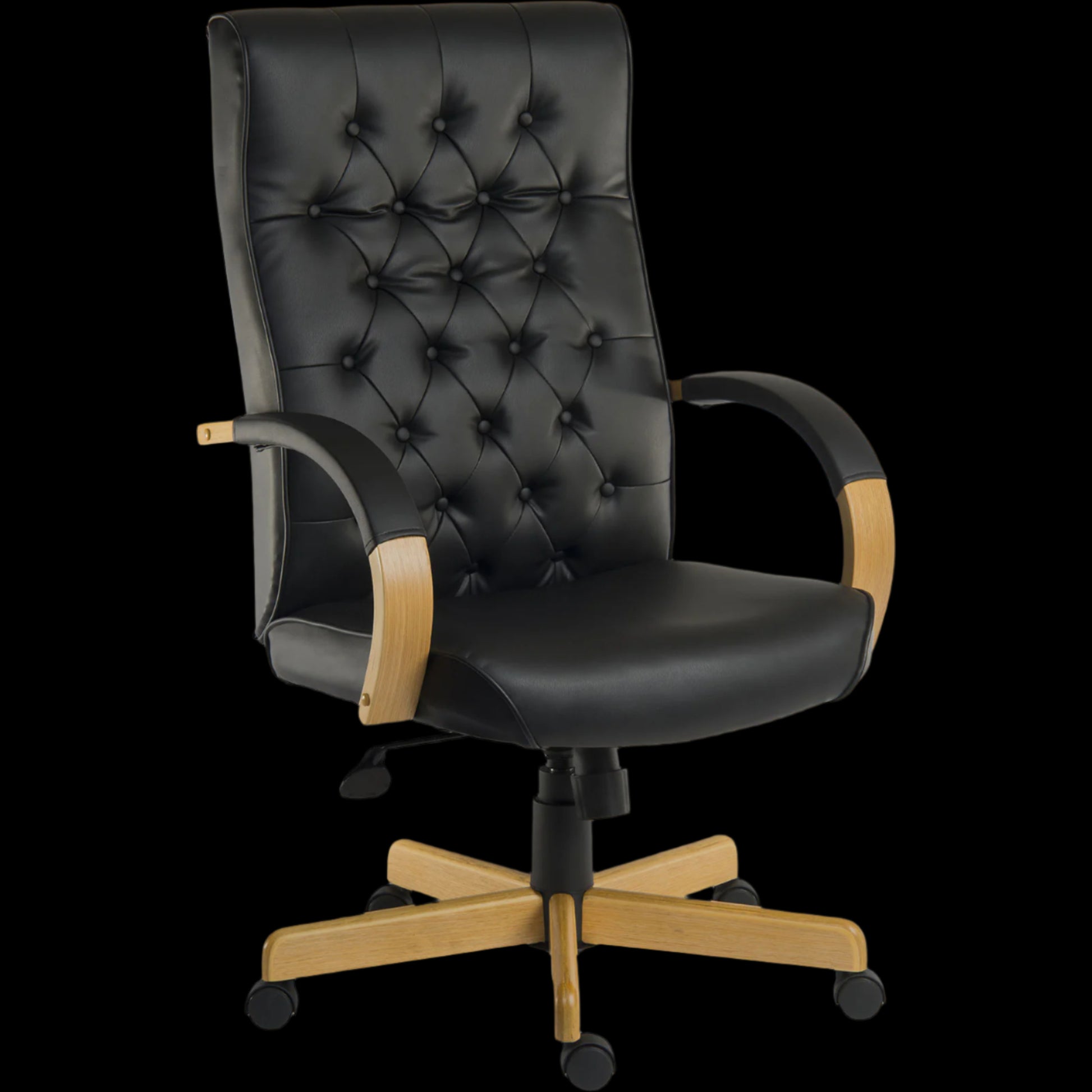 Black office chair with wooden armrests and legs on a black background