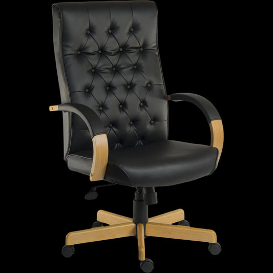 Black office chair with wooden armrests and legs on a black background