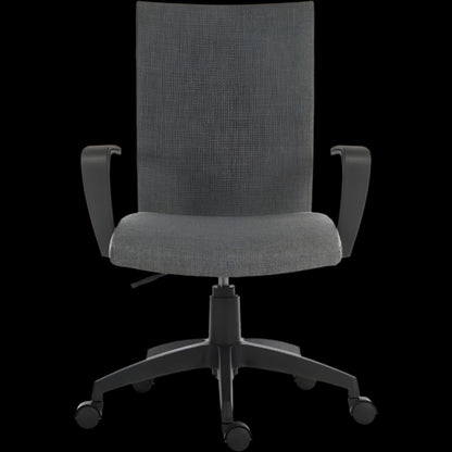 Gray office chair with mesh back on a black background