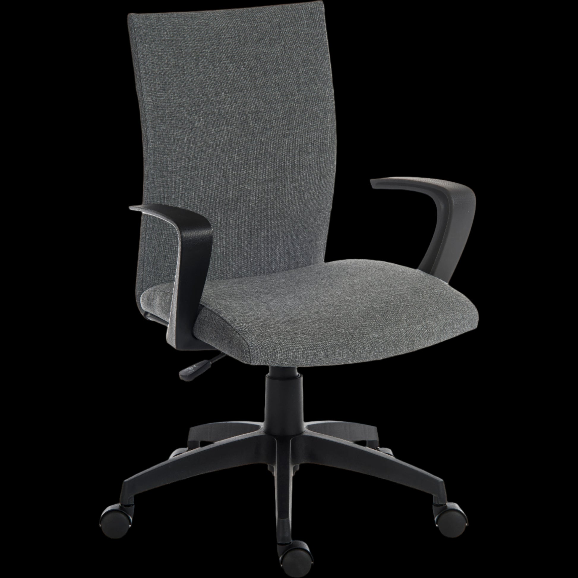 Gray office chair with a black base on a black background