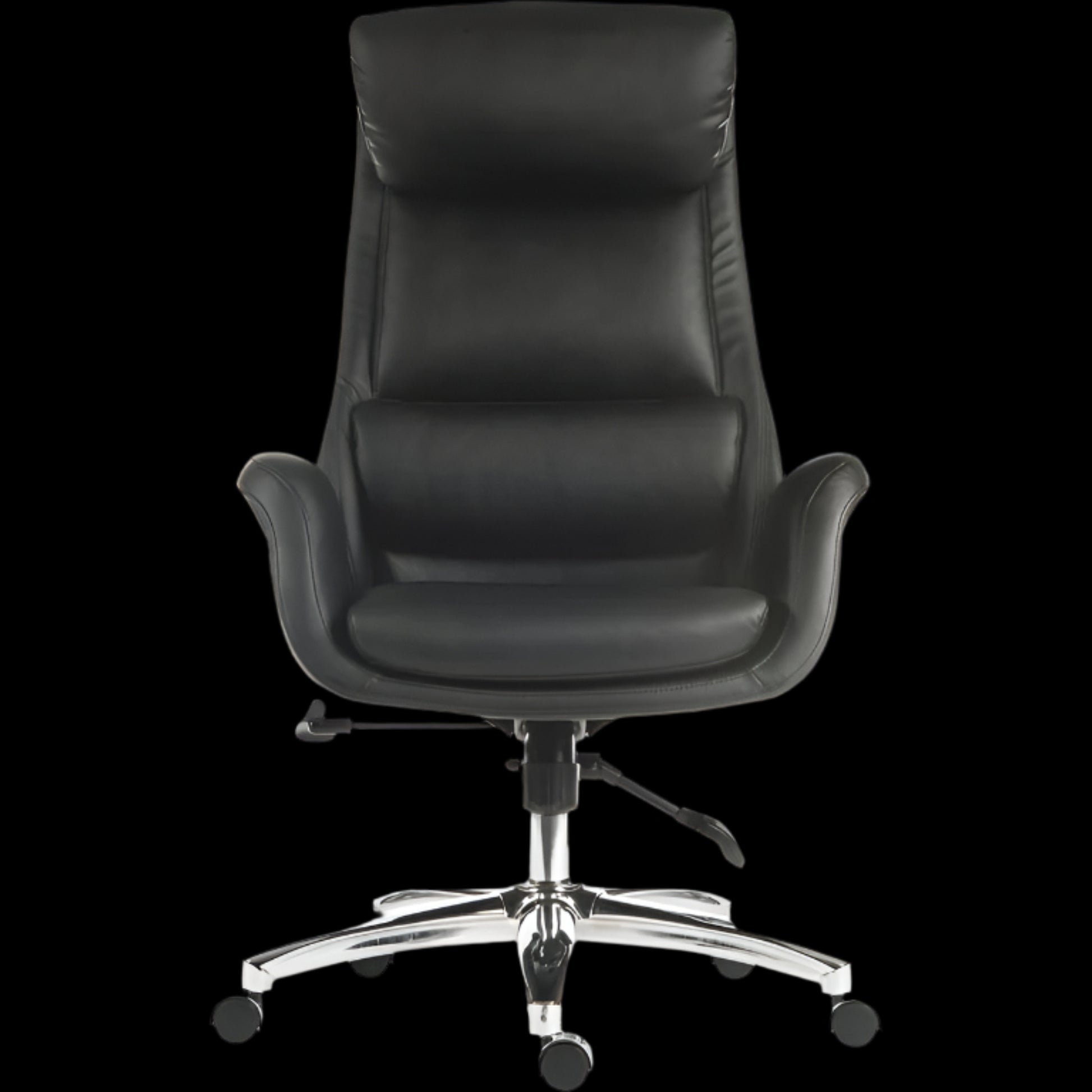 Black office chair with a high backrest on a black background