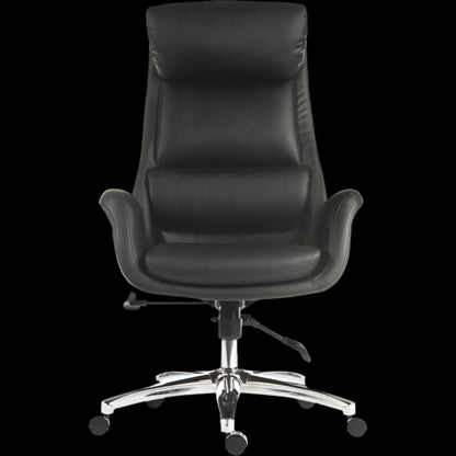 Black office chair with a high backrest on a black background