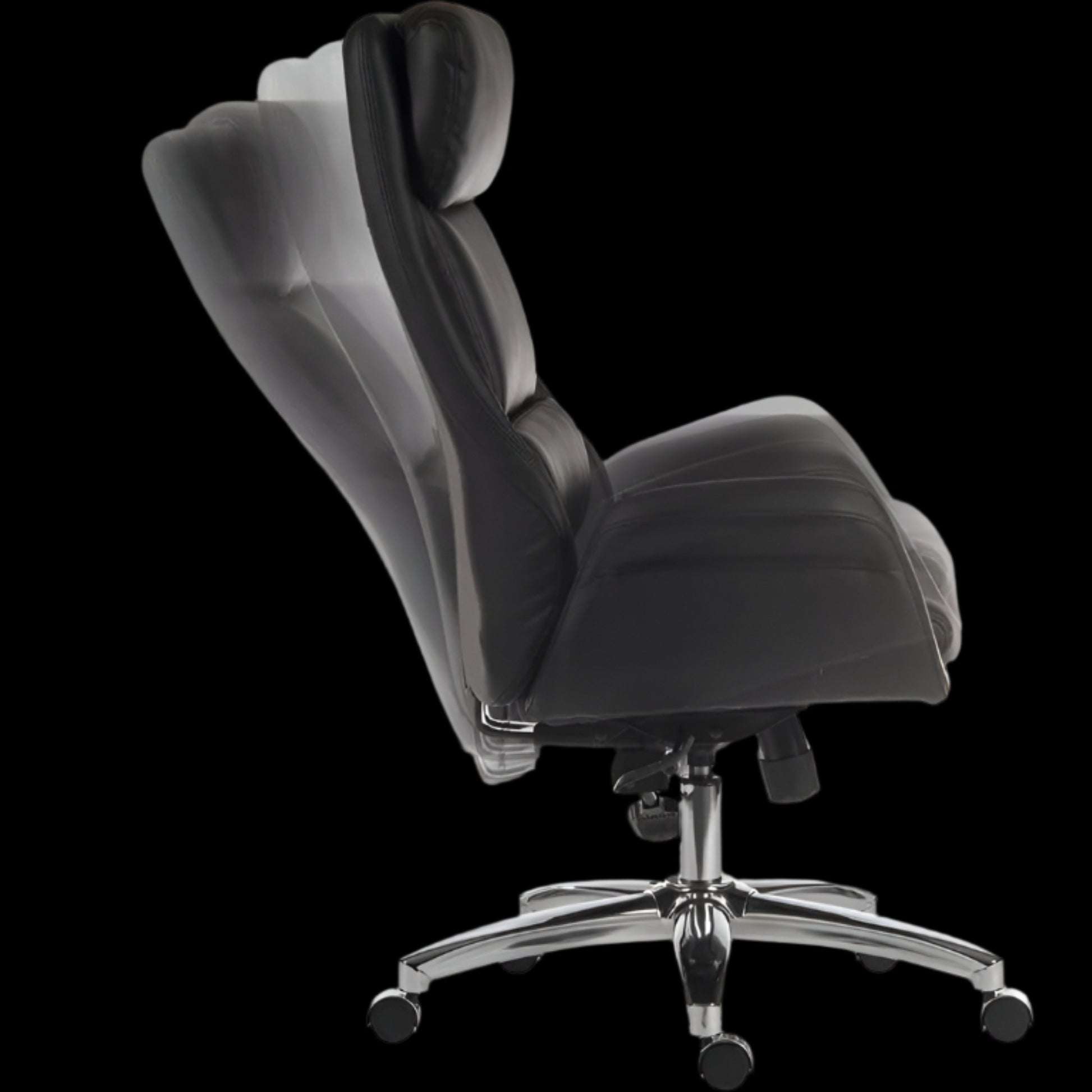 Black office chair with chrome base on a black background