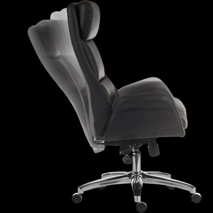 Black office chair with chrome base on a black background