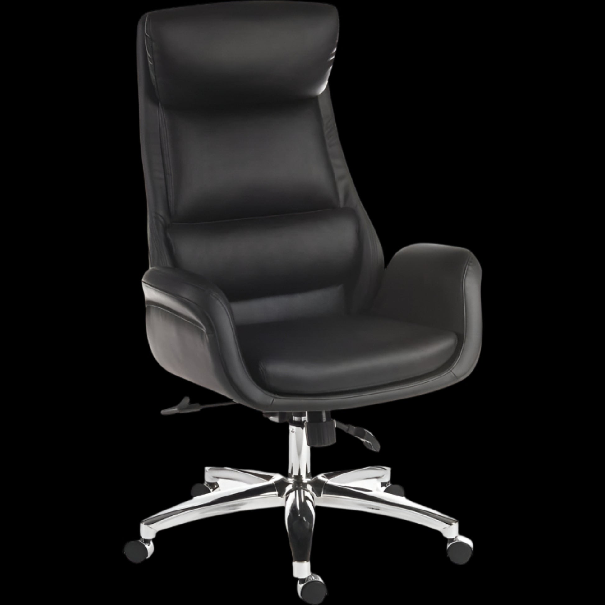 Black office chair with a high backrest on a black background