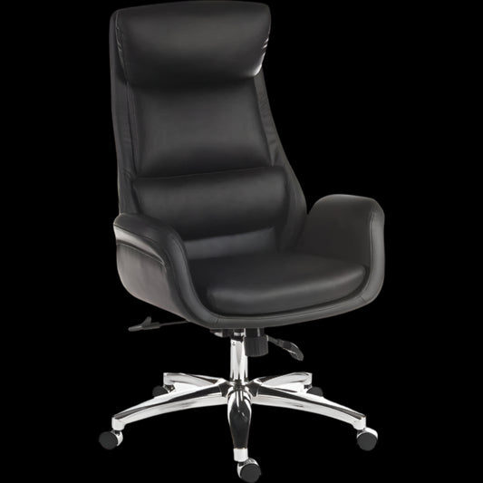 Black office chair with a high backrest on a black background