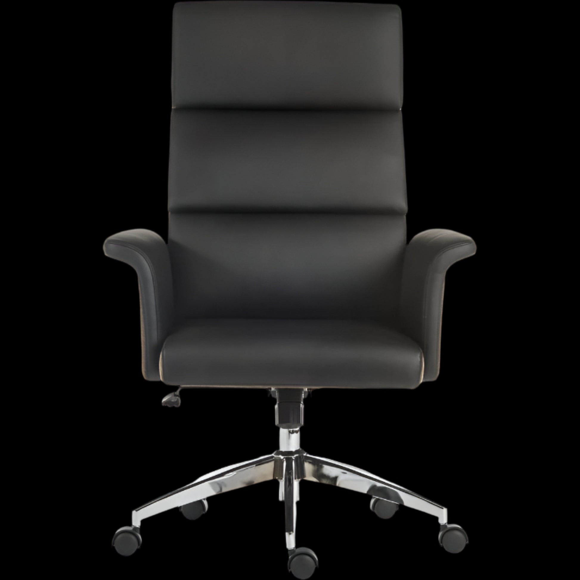 Black office chair with a high backrest on a black background