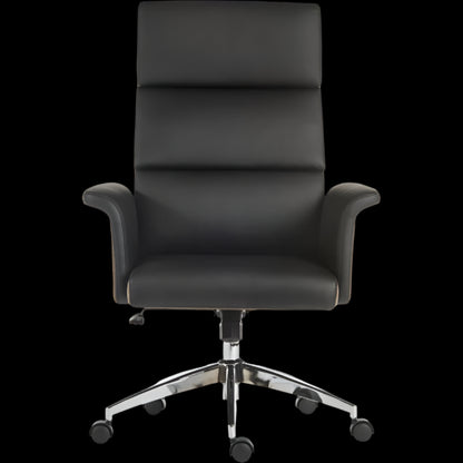Black office chair with a high backrest on a black background