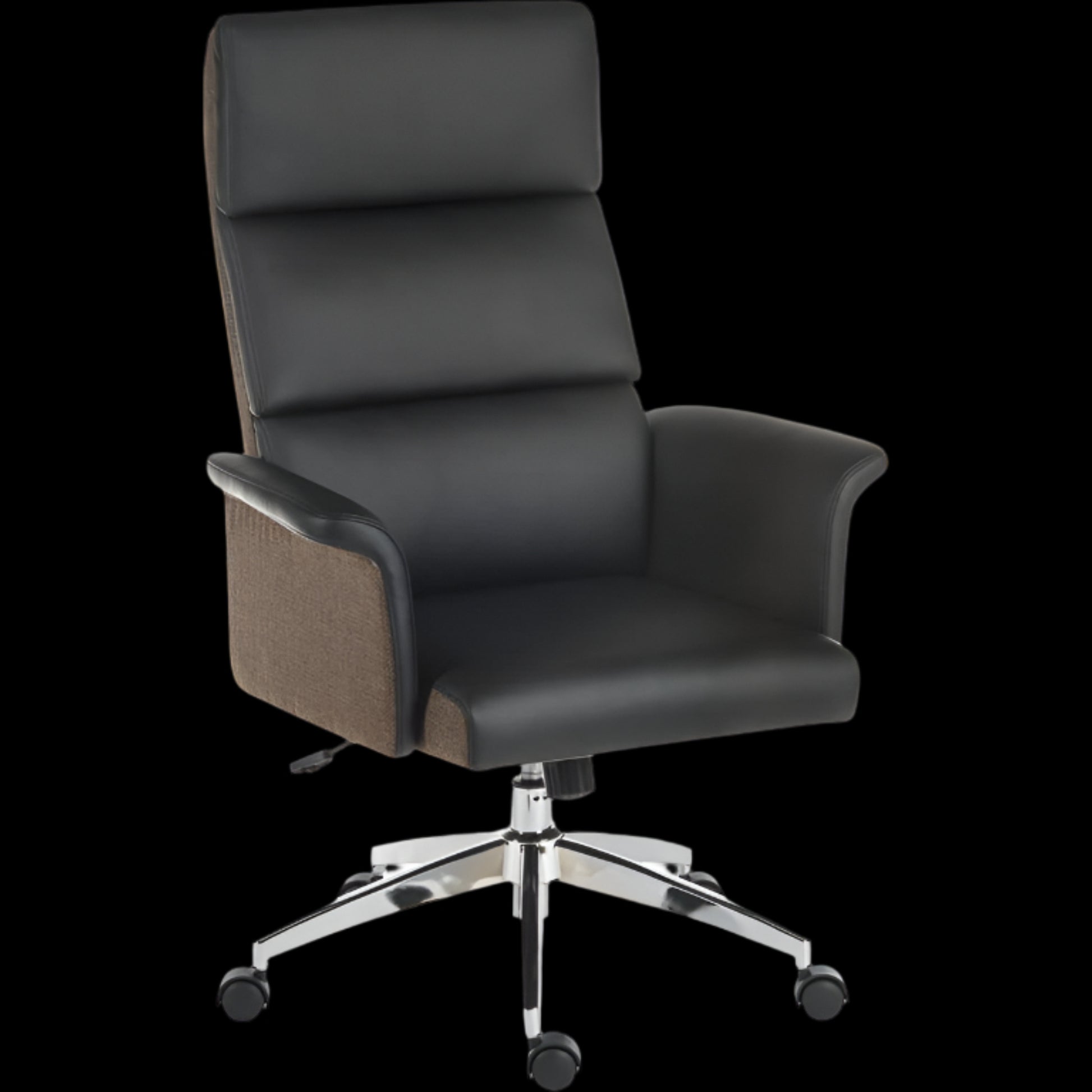 Black office chair with a brown seat on a black background