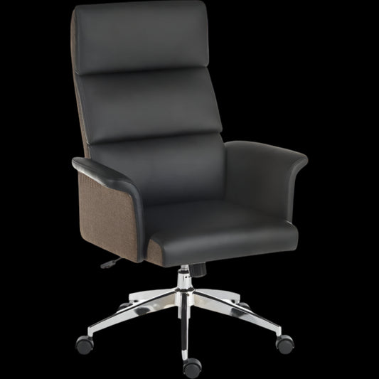 Black office chair with a brown seat on a black background