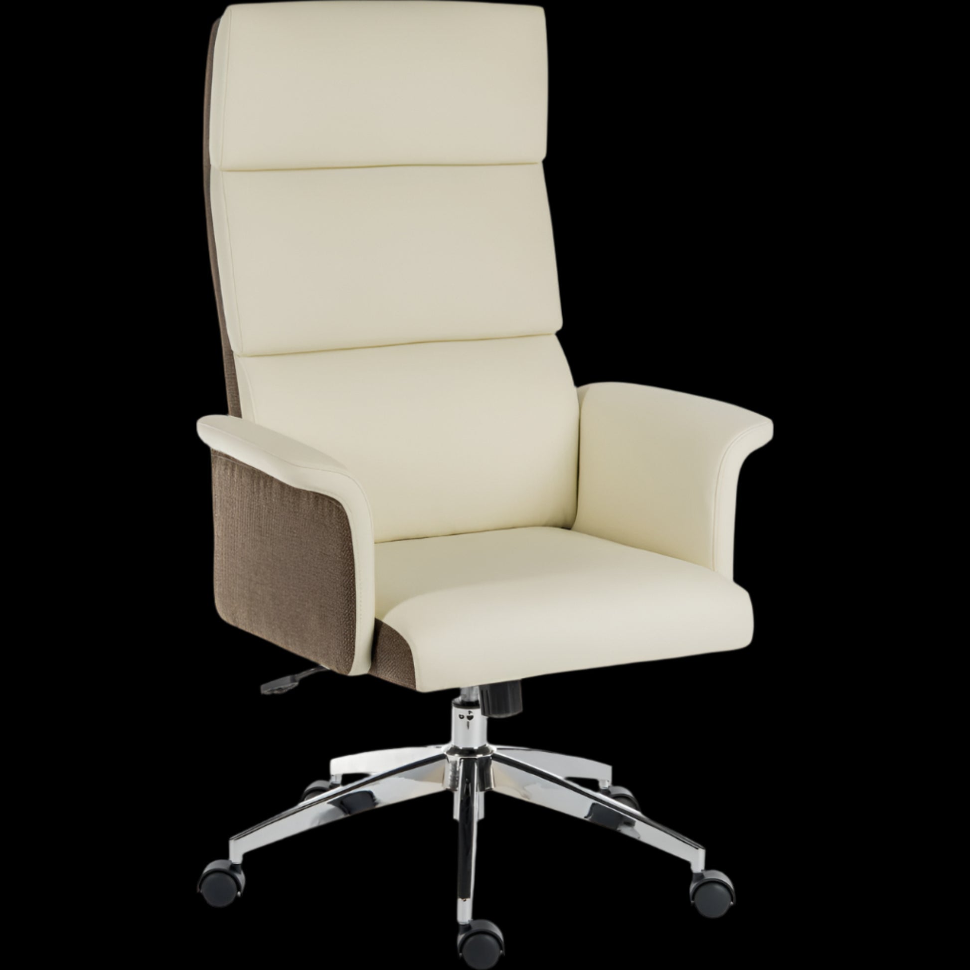 Beige office chair with a high backrest on a black background