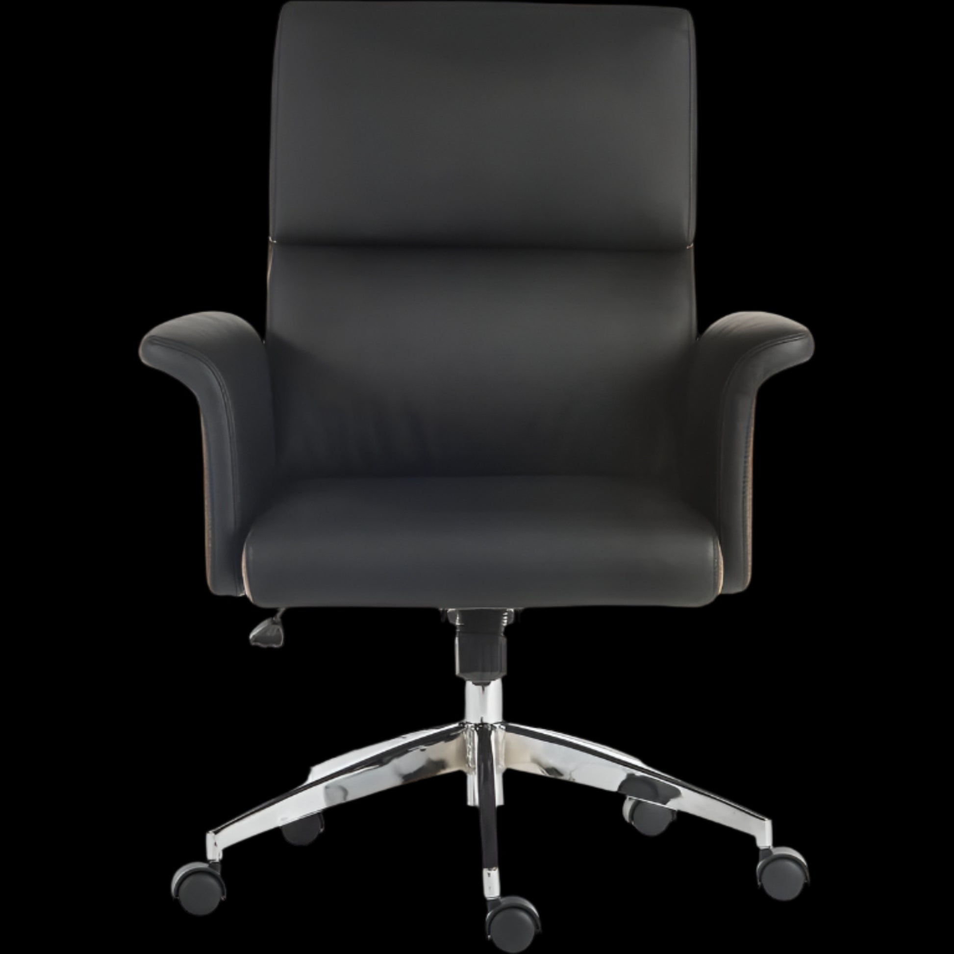 Black office chair with a chrome base on a black background