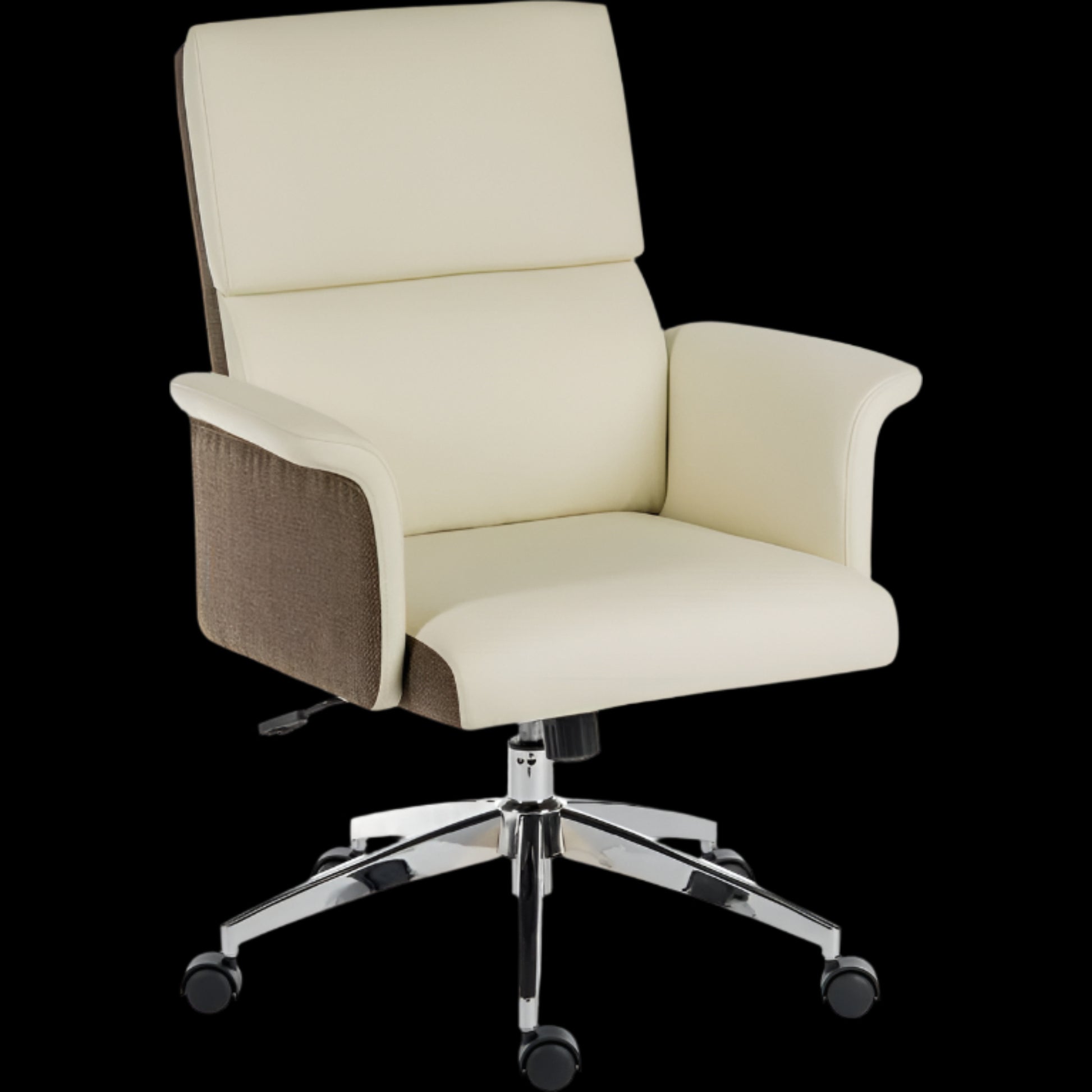 Beige office chair with a brown base on a black background