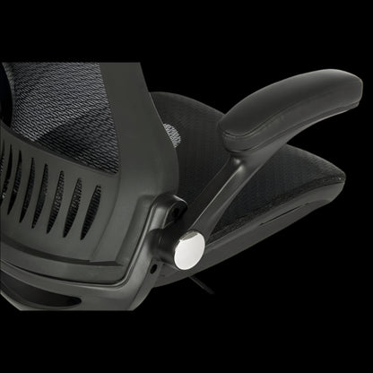 Close-up of a black office chair with mesh backrest on a black background