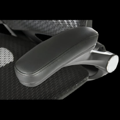 Close-up of a black office chair armrest with a textured backrest.