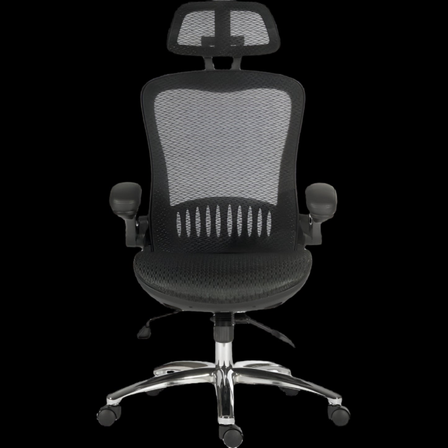 Black office chair with mesh back on a black background