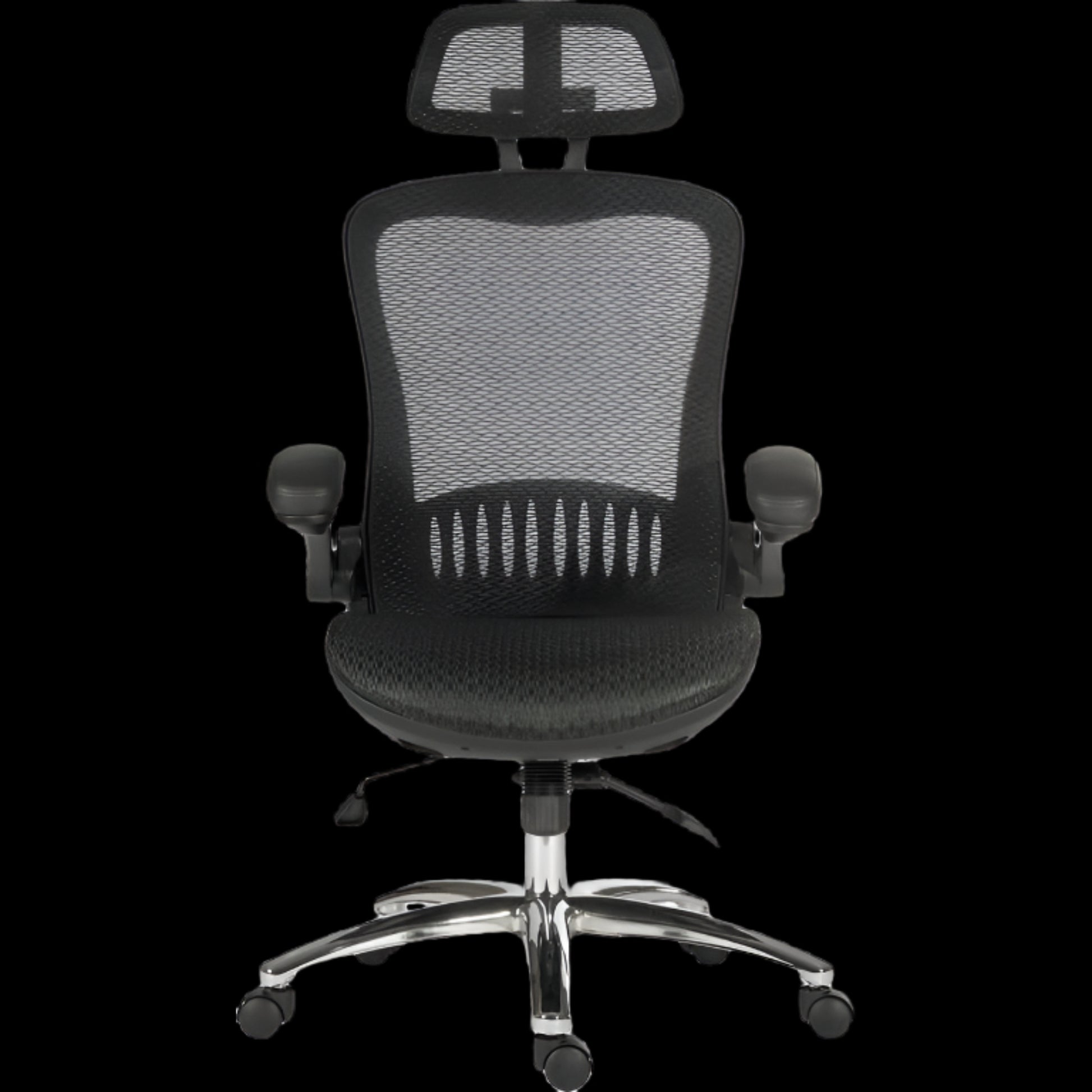 Black office chair with mesh back on a black background