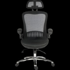 Black office chair with mesh back on a black background