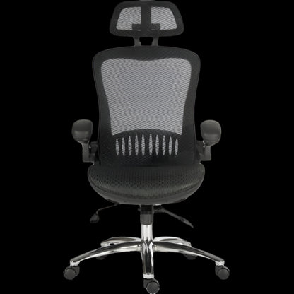Black office chair with mesh back on a black background